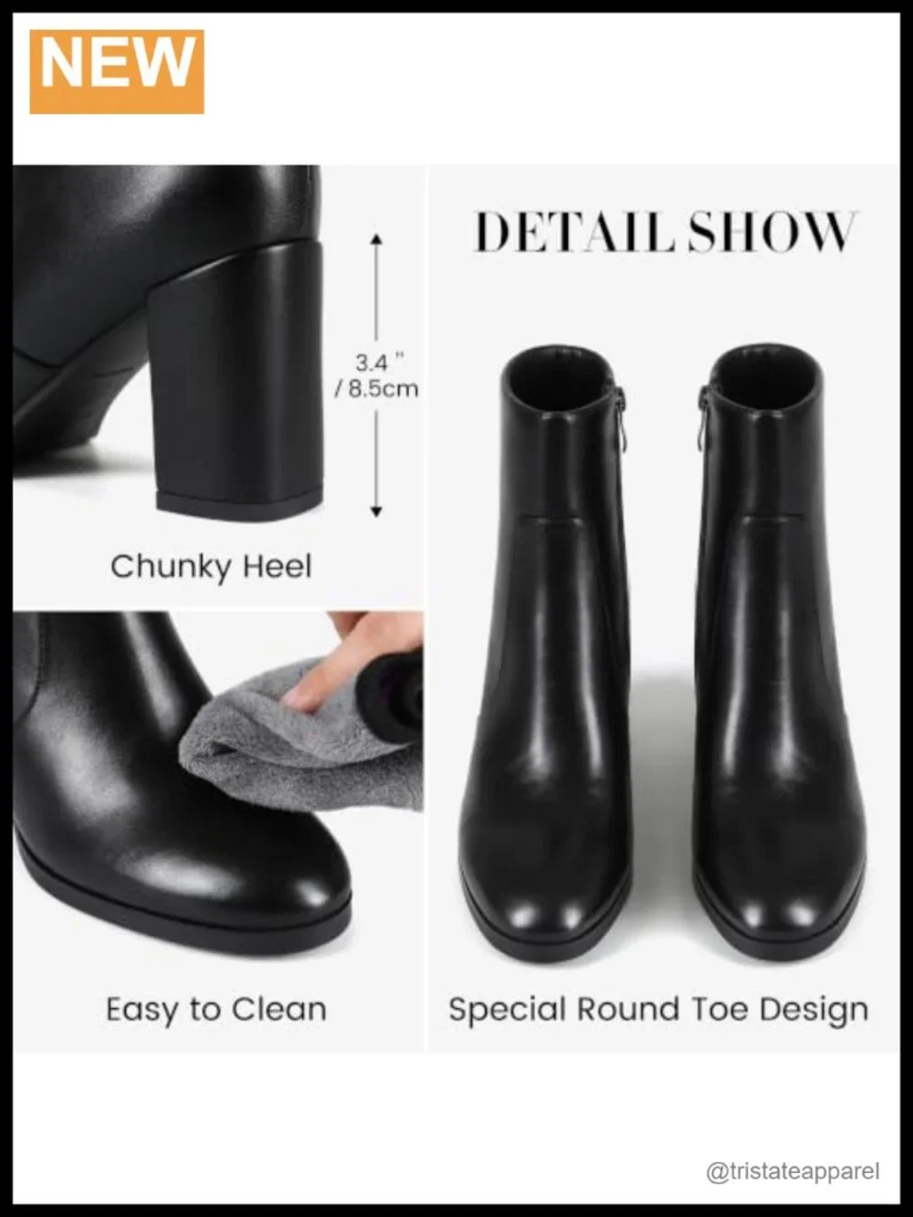 Women's Chunky Block Heel Ankle Boots Side Zip Round Toe Faux Leather